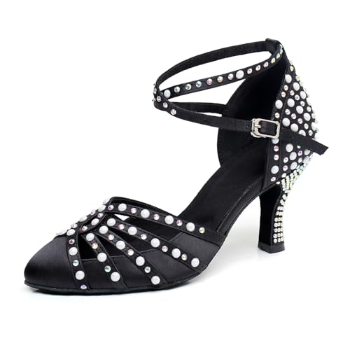 SWDZM Frauen Geschlossene Zehe Ballroom Tanzschuhe Perlen und Strass Salsa Tango Latein Party Tanzschuhe,Ferse-7.5cm,Schwarz,EU 39 von SWDZM