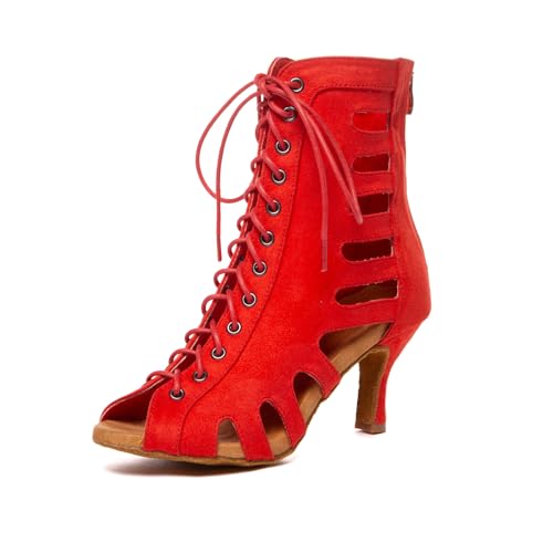 SWDZM Frauen High Heels Tanzstiefel Latin Jazz Salsa Ballroom Ankle Dance Schuhe,Rot,Ferse-7.5CM,EU 36 von SWDZM