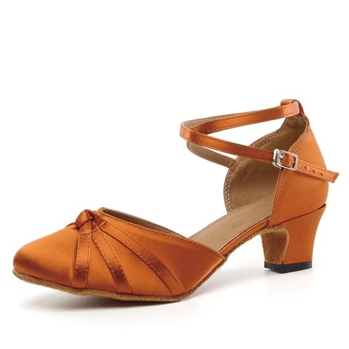 SWDZM Frauen Latin Ballroom Tanzschuhe Geschlossene Zehe Salsa Übung Tanzschuhe,Ferse-4.5cm,Braun,EU 38 von SWDZM