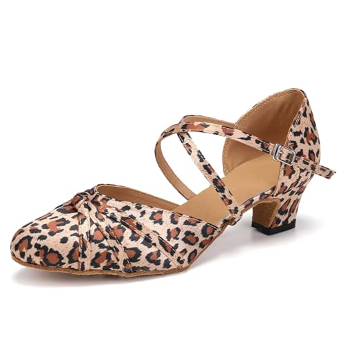 SWDZM Frauen Latin Ballroom Tanzschuhe Geschlossene Zehe Salsa Übung Tanzschuhe,Ferse-4.5cm,Leopard,EU 38.5 von SWDZM