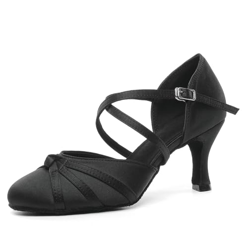 SWDZM Frauen Latin Ballroom Tanzschuhe Geschlossene Zehe Salsa Übung Tanzschuhe,Ferse-7.5cm,Schwarz,EU 36.5 von SWDZM