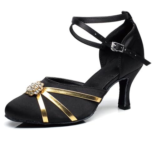 SWDZM Frauen Latin Ballroom Tanzschuhe Geschlossene Zehe Salsa Übung Tanzschuhe,Ferse-7.5cm,Schwarz,EU 39 von SWDZM