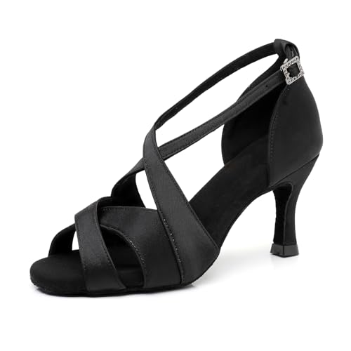 SWDZM Frauen Latin Tanzschuhe weich verkaufte Leistung Standard Cha Cha Salsa Tanzschuhe,Ferse-7.5cm,Schwarz,EU 38 von SWDZM
