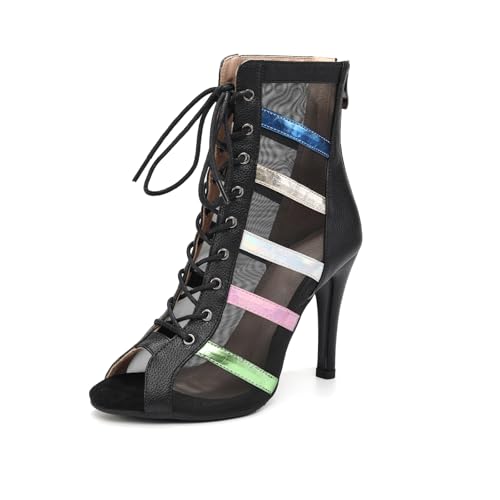 SWDZM Frauen Offene Zehe Lace-up Ankle Tanzstiefel Damen Latein High Heels Mesh Jazz Salsa Ballroom Dance Schuhe,Ferse-9.5cm,Schwarz,EU 38 von SWDZM
