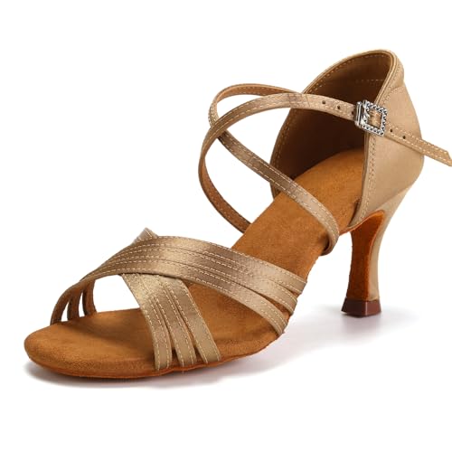 SWDZM Latein Tanzschuhe für Damen Professionelle Tanzschuhe Ballsaal Party Salsa Tanzübung Performance Schuhe,Beige,Ferse 7cm,Wildledersohle,34EU von SWDZM
