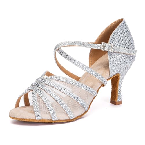 SWDZM Strass Latein Tanzschuhe Frauen Ballroom Salsa Bachata Leistung Tanz Heels,Ferse-7.5cm,Silber,EU 38.5 von SWDZM