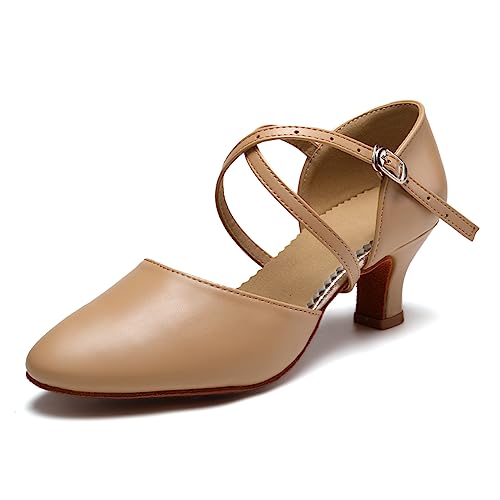 SWDZM Tanzschuhe Damen Latein Geschlossen Glattleder Salsa Character Tango Ballsaal Tanzschuhe,FT188,Nackt,Ferse 5cm,Suede Sole,36EU von SWDZM
