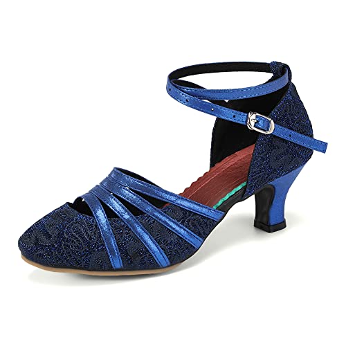 SWDZM Tanzschuhe Damen Latein Geschlossen Glitzer Salsa Tango Bachata Schuhe Damen Hochzeit Tanzende Schuhe,053HB,Blau,Ferse 5cm,Gummisohle,38EU von SWDZM