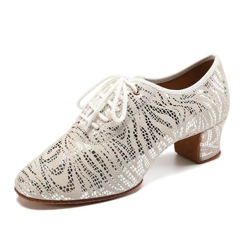 SWDZM Pailletten Tanzschuhe Damen Latein Geschlossen mit Schnüren Salsa Moderne Tanzschuhe Geteilte Sohle,Beige,Ferse 5cm,Geteilte Wildledersohle,37EU von SWDZM