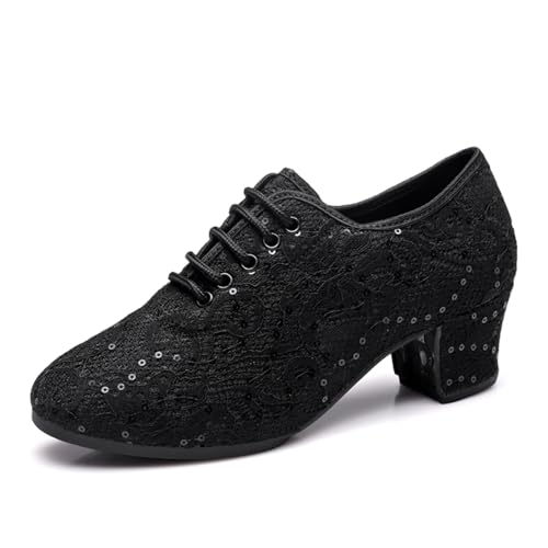 SWDZM Tanzschuhe Damen Latein Geschlossen Salsa Tango Moderne Gesellschaftstanzschuhe Schnüren Blockabsatz Tanzschuhe,LPMD,Schwarz,Ferse 3.5cm,Geteilte Wildledersohle,40EU von SWDZM