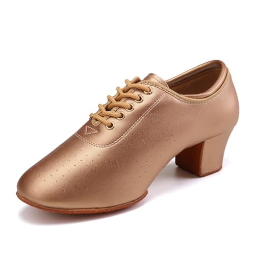 SWDZM Tanzschuhe Leder Damen&Herren Training Latein Schnürschuhe Salsa-Tango Ballsaal Tanzschuhe,Champagne,Ferse 5cm,Geteilte Wildledersohle,37EU von SWDZM