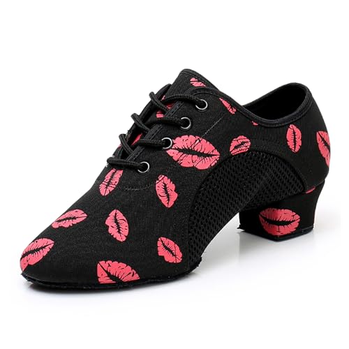 SWDZM Tanzschuhe Damen Latein Schnüren Geschlossene Salsa Tango Moderne Jazz Ballsaal Leistung Schuhe Trainingsschuhe,902HC,Ferse-3.5cm,Rot Lips,38EU von SWDZM