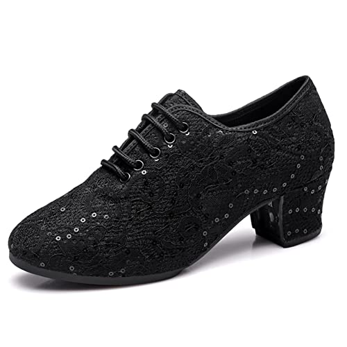 SWDZM Tanzschuhe Damen Latein Schnüren Geschlossene Salsa Tango Moderne Jazz Ballsaal Leistung Schuhe Trainingsschuhe,KC-LP,Ferse-3.5cm,Schwarz,43 EU von SWDZM