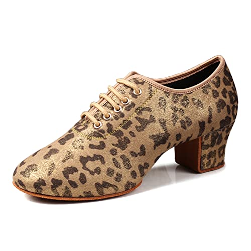 SWDZM Tanzschuhe Damen Latein Schnüren Geschlossene Salsa Tango Moderne Jazz Ballsaal Leistung Schuhe Trainingsschuhe,KC-Leopard,Ferse-5cm,38 EU von SWDZM