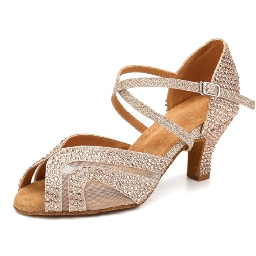 SWDZM Tanzschuhe Damen Standard und Latein Salsa Tango Walzer Bachata Kizomba Modern Tanzschuhe mit Strasssteinen,1025,Champagner,Ferse 6cm,Wildledersohle,EU 41 von SWDZM