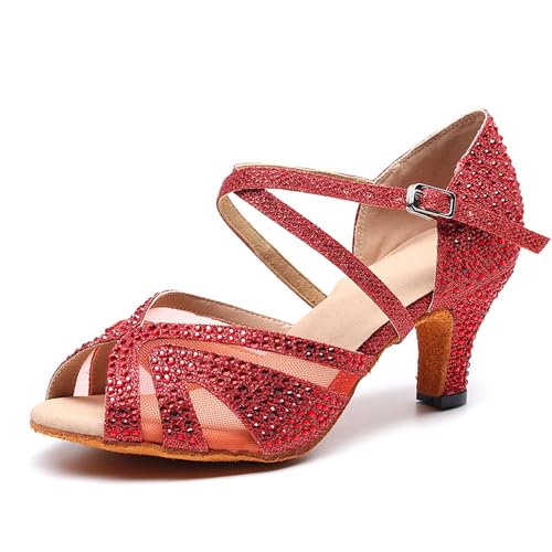 SWDZM Tanzschuhe Damen Standard und Latein Salsa Tango Walzer Bachata Kizomba Modern Tanzschuhe mit Strasssteinen,1025,Rot,Ferse 6cm,Wildledersohle,EU 38.5 von SWDZM