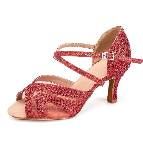 SWDZM Tanzschuhe Damen Standard und Latein Salsa Tango Walzer Bachata Kizomba Modern Tanzschuhe mit Strasssteinen,1025,Rot,Ferse 7.5cm,Wildledersohle,EU 38.5 von SWDZM