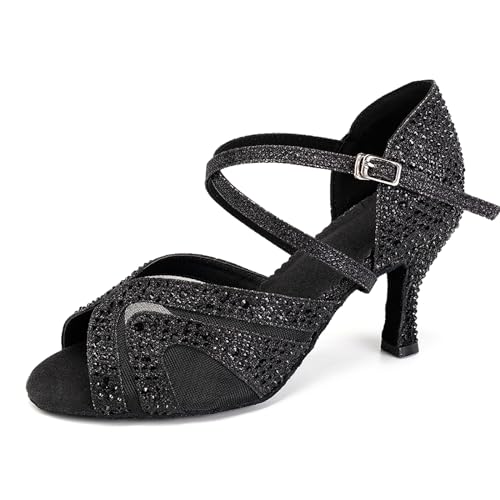 SWDZM Tanzschuhe Damen Standard und Latein Salsa Tango Walzer Bachata Kizomba Modern Tanzschuhe mit Strasssteinen,1025,Schwarz,Ferse 7.5cm,Wildledersohle,EU 37 von SWDZM
