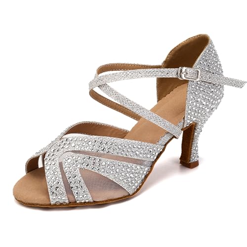 SWDZM Tanzschuhe Damen Standard und Latein Salsa Tango Walzer Bachata Kizomba Modern Tanzschuhe mit Strasssteinen,1025,Silber,Ferse 8.5cm,Wildledersohle,EU 36 von SWDZM