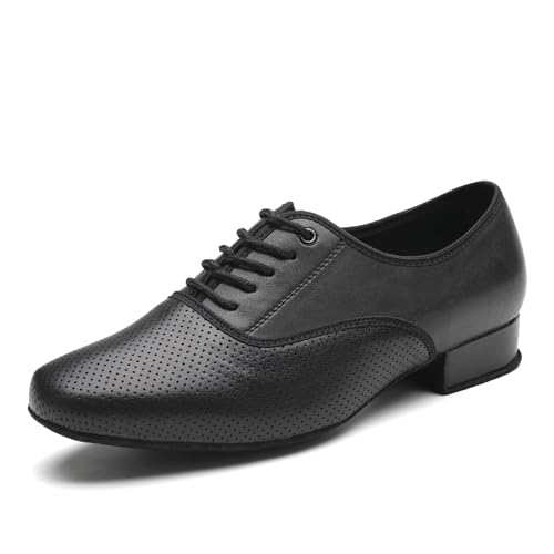 SWDZM Tanzschuhe Herren Latein Atmungsaktiv Leder Tango Salsa ballsaal Tanzschuhe 2.5cm Niedriger Absatz Übungsschuhe,Schwarz,Wildleder Sohle,48EU von SWDZM