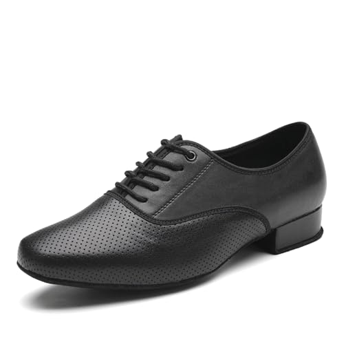 SWDZM Tanzschuhe Herren Latein Atmungsaktiv Leder Tango Salsa ballsaal Tanzschuhe 2.5cm Niedriger Absatz Übungsschuhe,Schwarz Loch,Wildleder Sohle,42EU von SWDZM