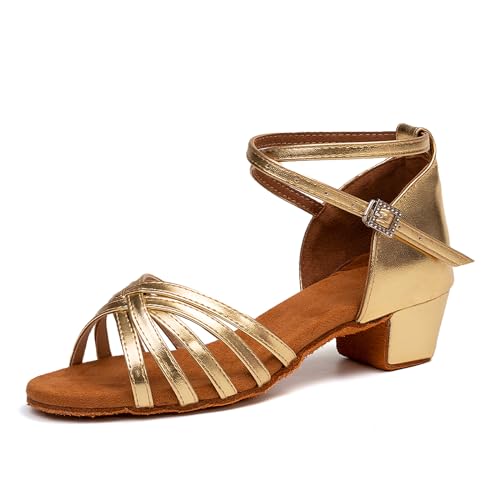 SWDZM Tanzschuhe Kinder Mädchen Latein Absatz 3 cm Standard Salsa Ballroom Bachata Anfänger Praxis Schuhe,Gold,EU 34 von SWDZM