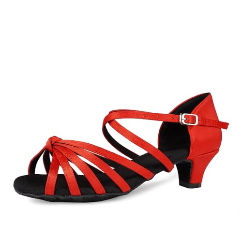 SWDZM Tanzschuhe Latein Mädchen Ballroom Schuhe Salsa Tango Leistung Praxis mit Absatz 4cm,Rot,EU 37 von SWDZM