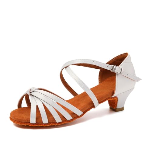 SWDZM Tanzschuhe Latein Mädchen Ballroom Schuhe Salsa Tango Leistung Praxis mit Absatz 4cm,Weiß,EU 33 von SWDZM