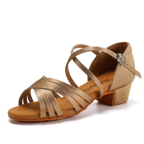 SWDZM Tanzschuhe Mädchen Latein Satin Professionelle Tanzschuhe Ballsaal Salsa Tanzschuhe Damen,Beige Raso,Frese 3.5cm,Wildledersohle,33 EU von SWDZM