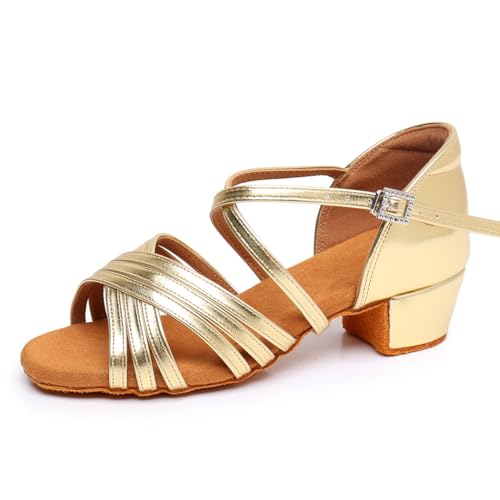 SWDZM Tanzschuhe Mädchen Latein Satin Professionelle Tanzschuhe Ballsaal Salsa Tanzschuhe Damen,Gold PU,Frese 3.5cm,Wildledersohle,28.5 EU von SWDZM