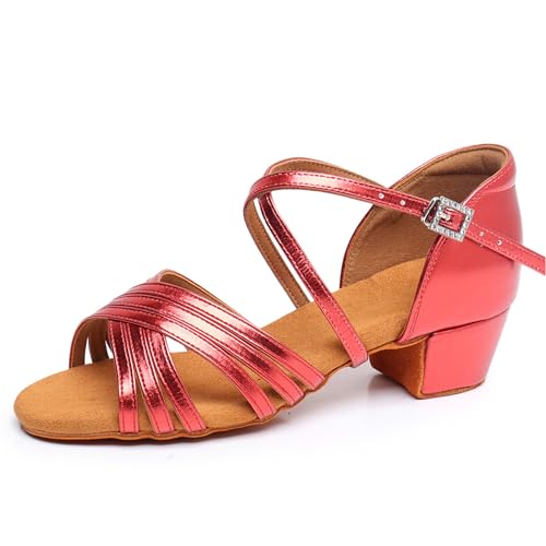 SWDZM Tanzschuhe Mädchen Latein Satin Professionelle Tanzschuhe Ballsaal Salsa Tanzschuhe Damen,Rot PU,Frese 3.5cm,Wildledersohle,34 EU von SWDZM