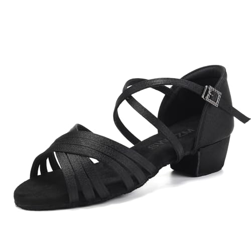 SWDZM Tanzschuhe Mädchen Latein Satin Professionelle Tanzschuhe Ballsaal Salsa Tanzschuhe Damen,Schwarz Raso,Frese 3.5cm,Wildledersohle,37.5 EU von SWDZM