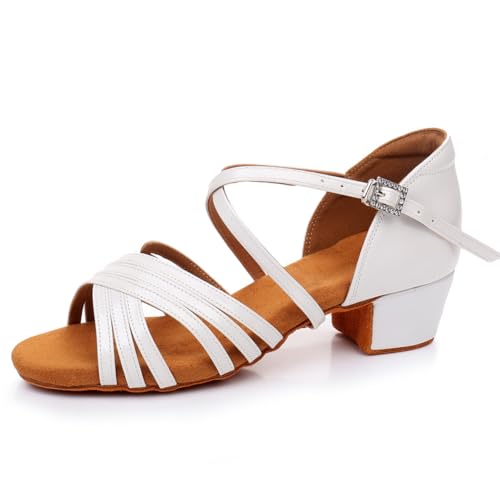 SWDZM Tanzschuhe Mädchen Latein Satin Professionelle Tanzschuhe Ballsaal Salsa Tanzschuhe Damen,Weiß PU,Frese 3.5cm,Wildledersohle,38 EU von SWDZM
