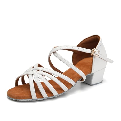 SWDZM Tanzschuhe Standard und Latein Mädchen Tanzschuhe mit Absatz Damen,Weiß PU,Frese 3.5cm,Wildledersohle,32 EU von SWDZM