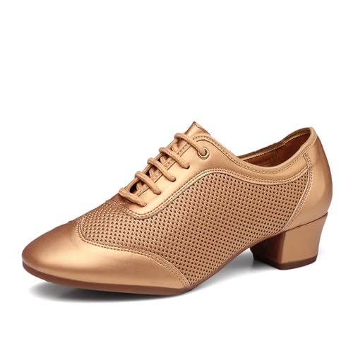 SWDZM Tanzschuhe Training Damen Latein Geschlossen Salsa Tango Moderne Gesellschaftstanzschuhe Schnüren Tanzschuhe,Champagner,Ferse 3.5cm,Vollsohle aus Gummi,39EU von SWDZM
