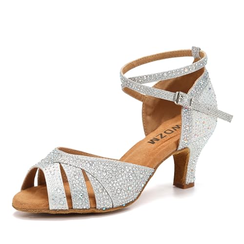 SWDZM Tanzschuhe mit Strass Tango Argentino Damen Tanzschuhe Standard und Latein,Silber,Ferse 6cm,Wildledersohle,38.5 EU von SWDZM
