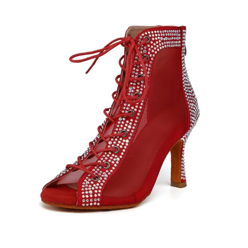 SWDZM Tanzstiefel Damen Latin Strass Offene Zehe Schnürung Hochhackige Salsa Performance Party Tanzstiefel,Rot,Ferse-8.5CM,EU 40 von SWDZM