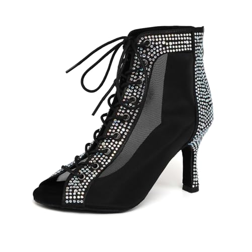 SWDZM Tanzstiefel Damen Latin Strass Offene Zehe Schnürung Hochhackige Salsa Performance Party Tanzstiefel,Schwarz,Ferse-8.5CM,EU 39 von SWDZM