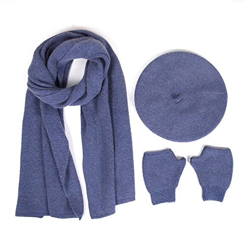 SWECOMZE 3 Stücke Damen Baskenmütze Französischen Barett Einfarbig Warme Mütze Schal und Warm Handschuhe Set (Marine) von SWECOMZE