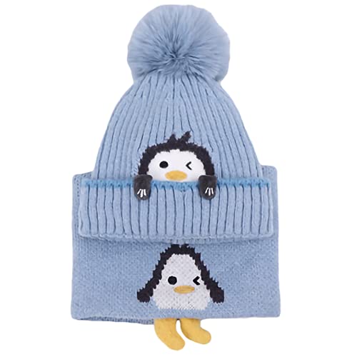 SWECOMZE Pinguin - Wintermütze Beanie Hut Schal Set für Kinder, Winter verdicken Fleece gefüttert Thermisch gestrickte Mütze Halswärmer Set, für Kinder Kinder Jungen Mädchen, 1-4 Jahre (Blau) von SWECOMZE