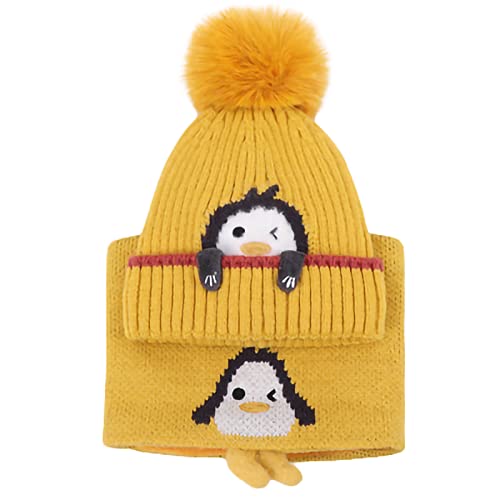 SWECOMZE Pinguin - Wintermütze Beanie Hut Schal Set für Kinder, Winter verdicken Fleece gefüttert Thermisch gestrickte Mütze Halswärmer Set, für Kinder Kinder Jungen Mädchen, 1-4 Jahre (Gelb) von SWECOMZE