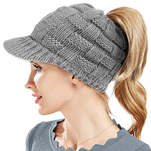 Damen Wintermütze Beanie Mütze Winter Strickmütze Schirmmütze Pferdeschwanz Hüte Mützen Caps für Gestrickte Baseballmütze Mütze mit Zöpfen Loch (Hellgrau)… von WKTRSM