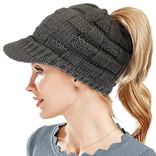 Wintermütze Beanie Mütze Damen Winter Strickmütze Schirmmütze Hüte Mützen Caps für Gestrickte Baseballmütze Pferdeschwanz Mütze mit Zöpfen Loch (Grau) von WKTRSM