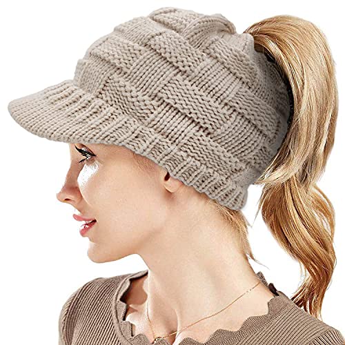 Wintermütze Pferdeschwanz Beanie Mütze Winter Strickmütze Schirmmütze Hüte Mützen Caps für Damen Gestrickte Baseballmütze mit Zöpfen Loch (Beige)… von WKTRSM