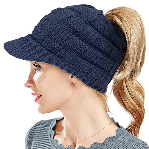 Damen Wintermütze Pferdeschwanz Beanie Mütze Winter Strickmütze Schirmmütze Hüte Mützen Caps für Damen Gestrickte Baseballmütze mit Zöpfen Loch (Marineblau) von WKTRSM