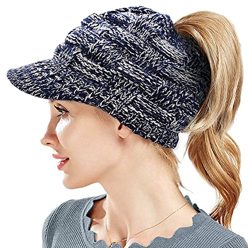 Winter Strickmütze Schirmmütze Damen Wintermütze Beanie Mütze Hüte Mützen Caps für Damen Gestrickte Baseballmütze Pferdeschwanz Mütze mit Zöpfen Loch (Dunkelblaues Weiß) von WKTRSM