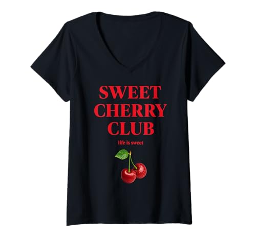Damen Sweet Cherry Club X Süße Kirschen Club Kirschen Kostüm T-Shirt mit V-Ausschnitt von SWEET CHERRY CLUB X Süße Kirsche Kostüm Karneval