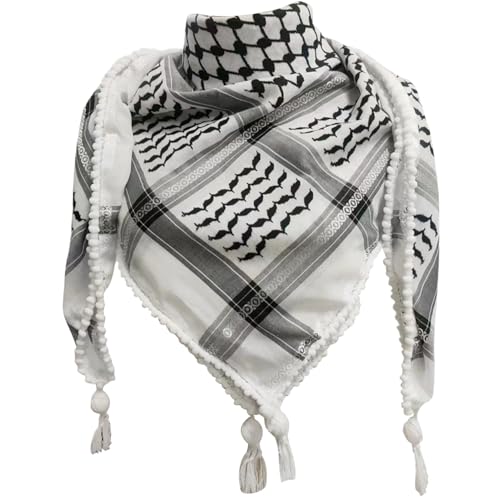 SWEETBIUTI Palästinensischer Schal Männer palästinensischer Keffiyeh Schal atmungsaktivem Polyester Schwarzweißer Shemagh Schal mit Quasten arabischer Kopfschal für Männer Frauen, 51 x 51 Zoll von SWEETBIUTI