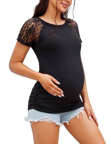 Damen-Umstands-Shirt, Spitze, kurzärmelig, Rundhalsausschnitt, seitlich gerüscht, Schwangerschafts-Top, Sommer, Umstandsmode, Schwarz, Groß von SWEETBUMP