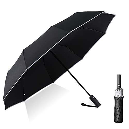 SWEETIME Groß Regenschirm Sturmfest mit Auf-Zu-Automatik,Regenschirm Reflektierend Silber,Stabiler Faltbarer Taschenschirm;Teflonbeschichtung,Ergonomischer Griff, Schirm-Tasche -Schwarz von SWEETIME